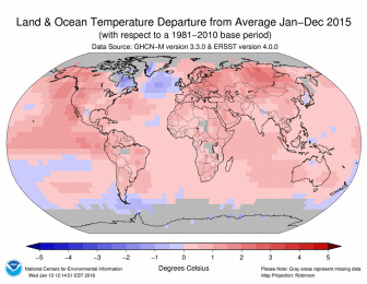 2015 Land and Sea Surface Temperature Anomalies in degrees Celsius