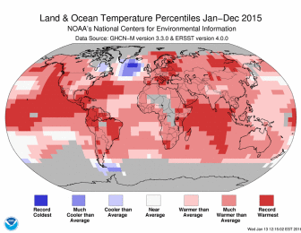 According to NOAA, the combined land and water temperatures in December 2015 were the highest on record for any month in the 136-year record.