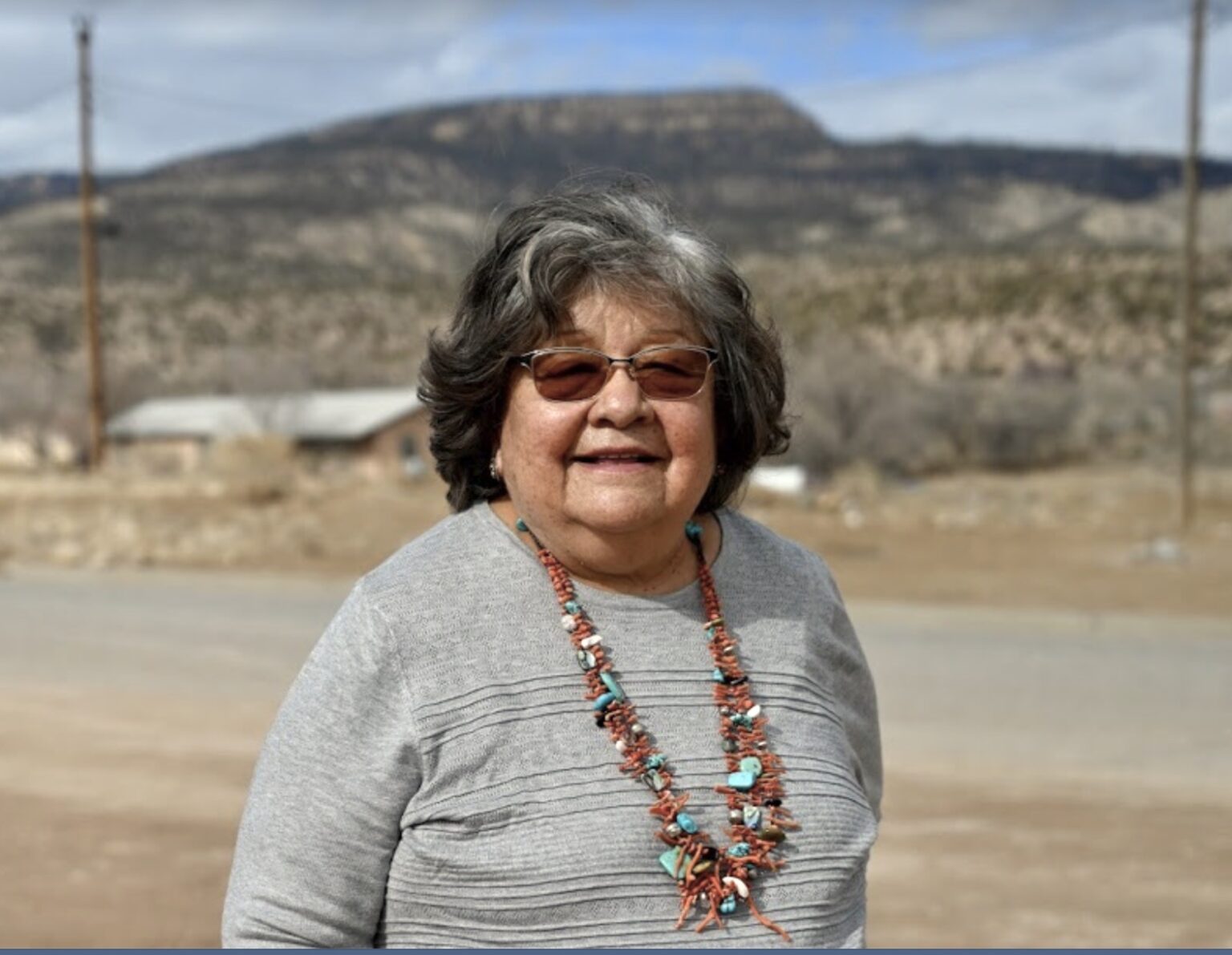 Julie Badonie, former president of the Tohatchi Chapter, stands in front of Ch’ooshgai Mountain. Image/Elizabeth Miller